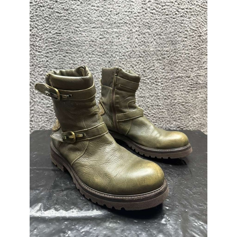 Cesare Paciotti Leather Zip-Up‎ Biker Boots buckles Olive Green Mens Size 8 US